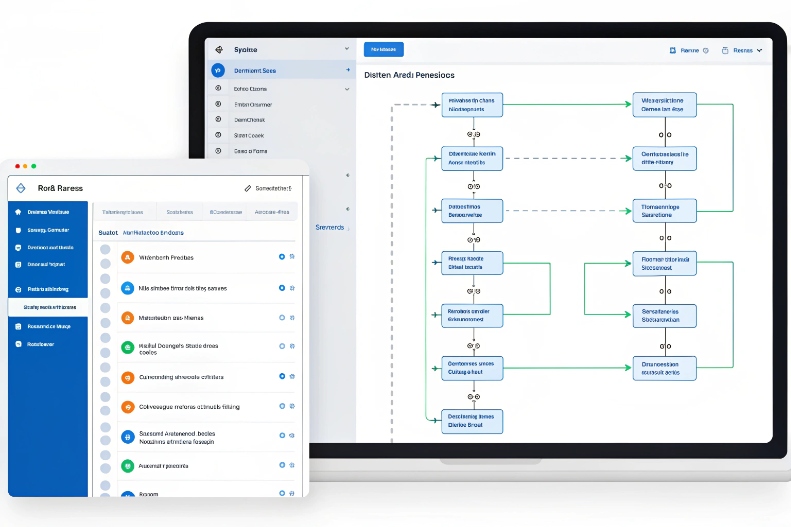 Flowchart software on laptop designing automated call routing and customer communication processes