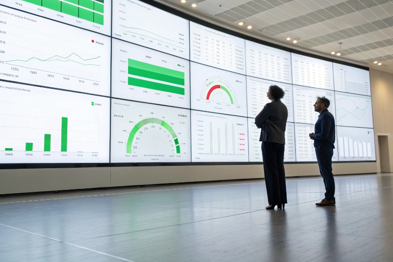 Executives analyzing large wall of real time communication and contact center dashboards