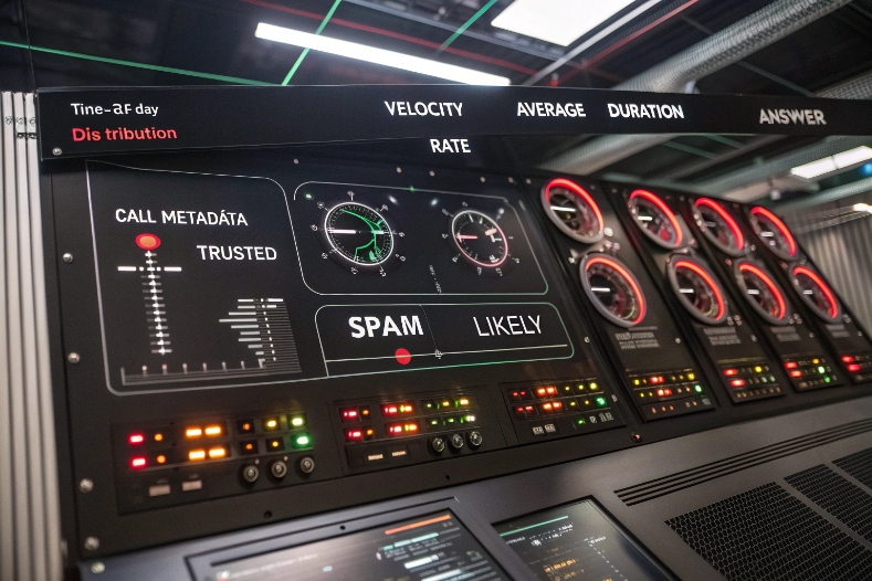 Control panel dashboard analyzing call metadata and flagging likely spam traffic