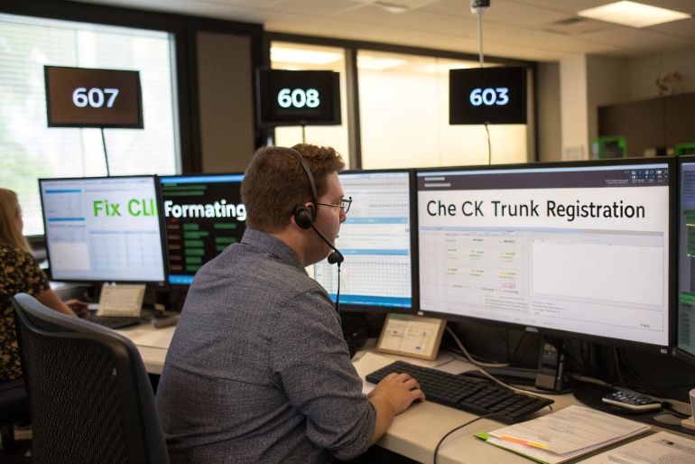 Network engineer troubleshooting SIP trunk registration on multiple monitoring screens