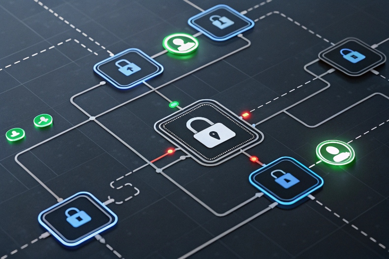 Secure communication network diagram with user icons and lock symbols on dark grid