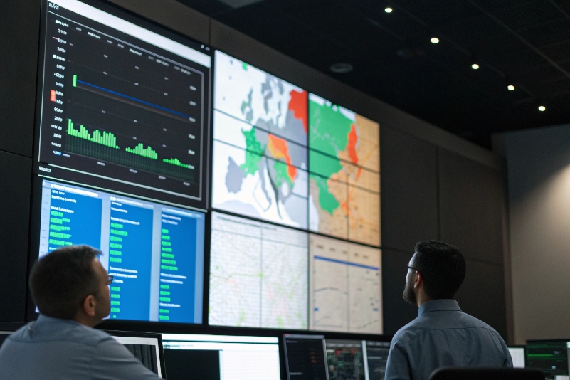 Security operations center monitoring global SIP network performance and threat maps