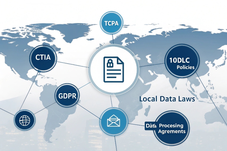 Global map illustrating TCPA GDPR CTIA 10DLC messaging compliance and local telecom data laws