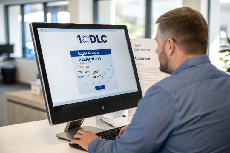 Business user completing 10DLC brand and campaign registration form on desktop screen