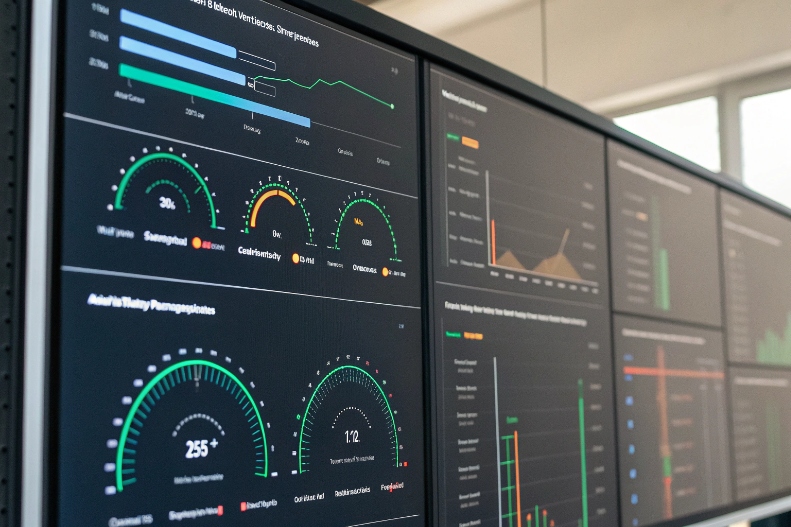 Dark theme telecom analytics dashboards with gauges and charts monitoring messaging and voice performance