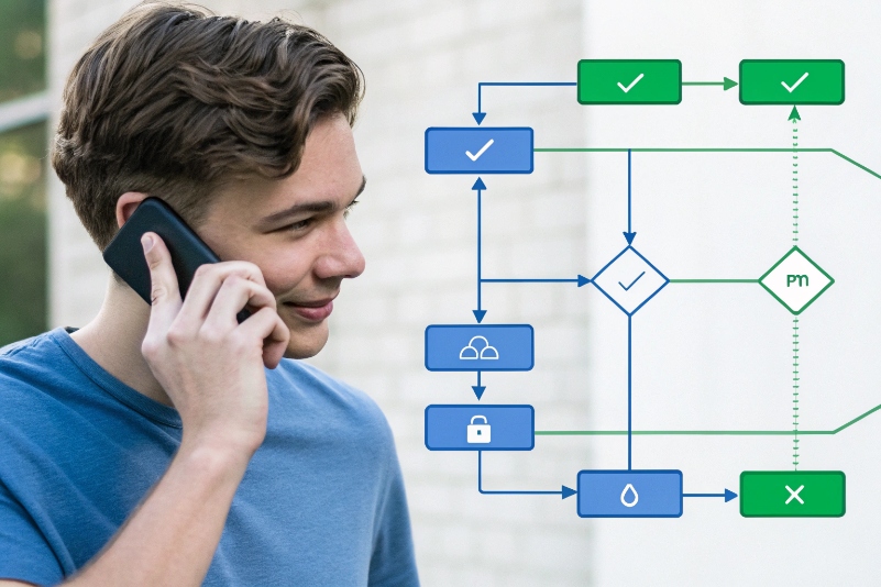 Mobile caller with overlayed consent and routing workflow diagram for compliant voice campaigns