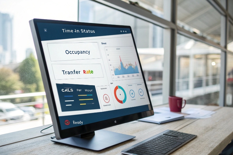 Desktop screen showing time in status occupancy transfer rate and calls per hour dashboard