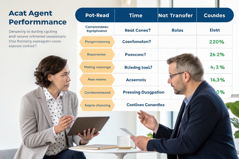 Managers reviewing contact center agent performance metrics on printed dashboard during meeting