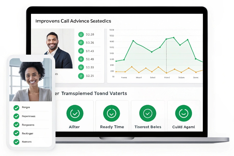 Mobile and laptop dashboards tracking agent productivity and call handling performance metrics