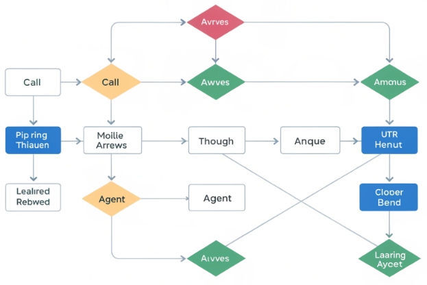 Contact center call routing workflow diagram with decision nodes and agent assignments