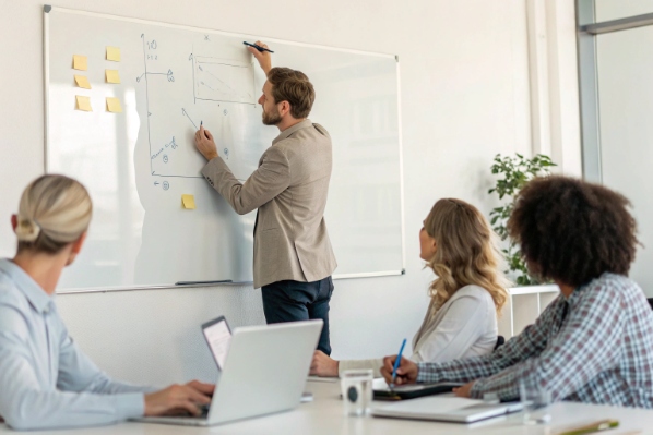 Contact center team meeting with manager explaining performance graphs on whiteboard
