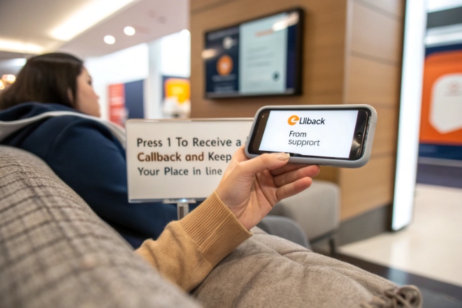 Customer in queue receiving automated callback notification from support on smartphone