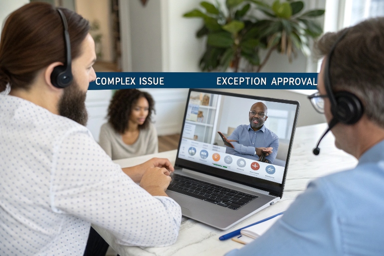 Customer service team escalating complex issue via SIP video conference for exception approval