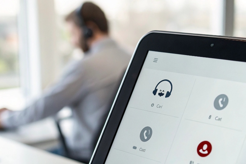 Tablet with softphone call control icons in contact center environment