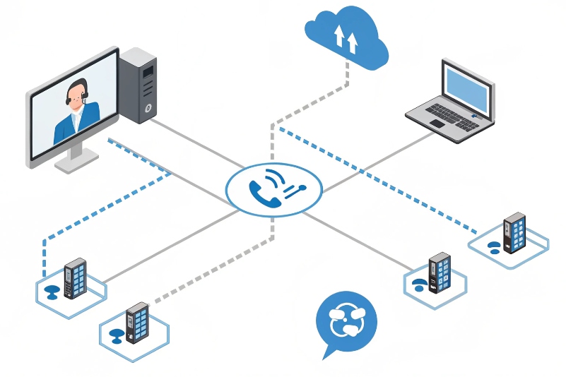 Cloud contact center diagram connecting agents offices and devices via SIP telephony