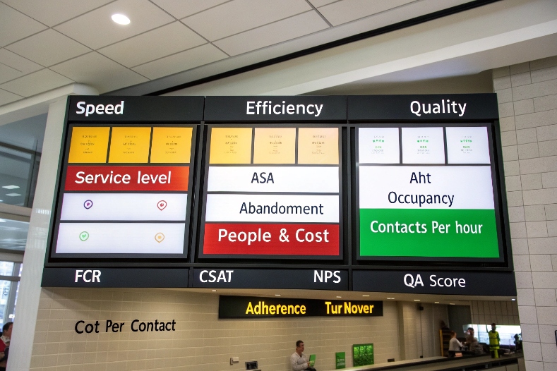 Large wall dashboard displaying speed efficiency quality KPIs like ASA AHT occupancy