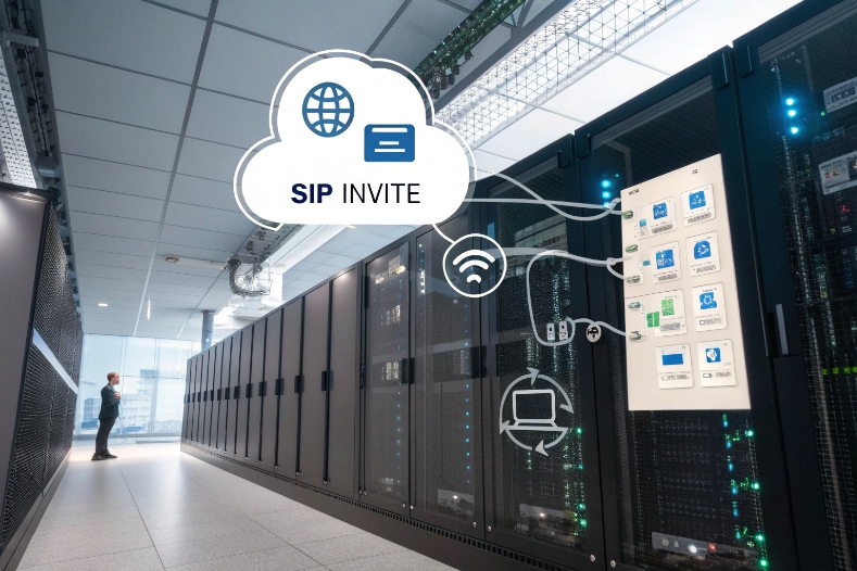 Data center racks handling SIP invite signaling with cloud and device icons overlay