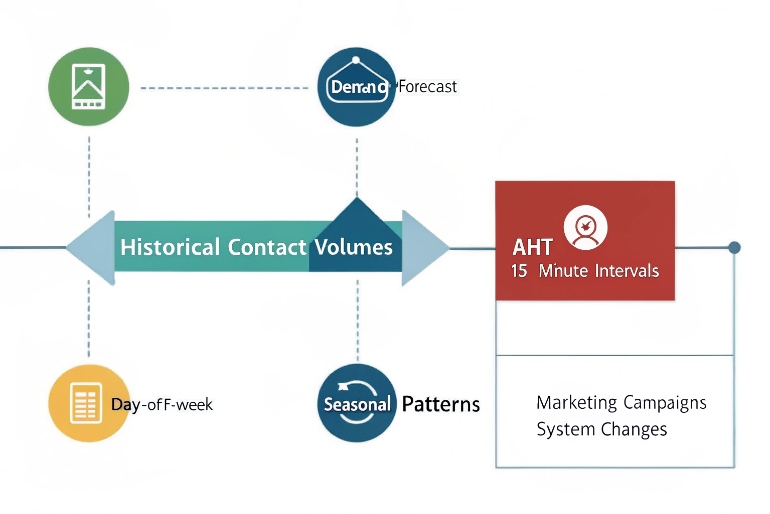 Historical contact volume forecasting diagram with seasonal and demand factors