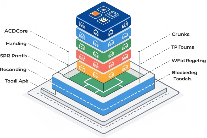 Layered architecture diagram illustrating contact center systems and integrations