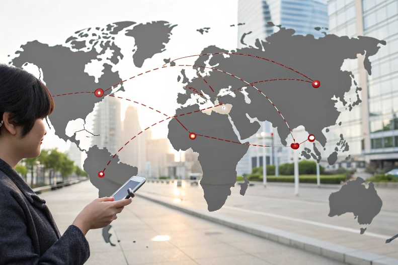 Businesswoman using smartphone with global SIP communication routes mapped over world cities