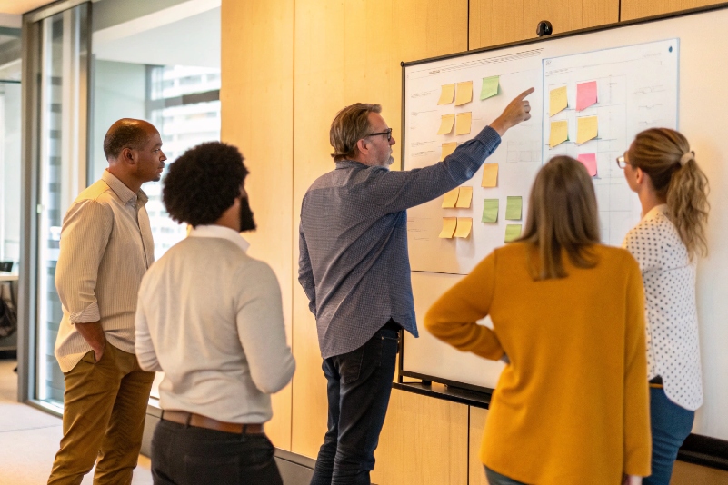 Team collaborating on process design using sticky notes and whiteboard