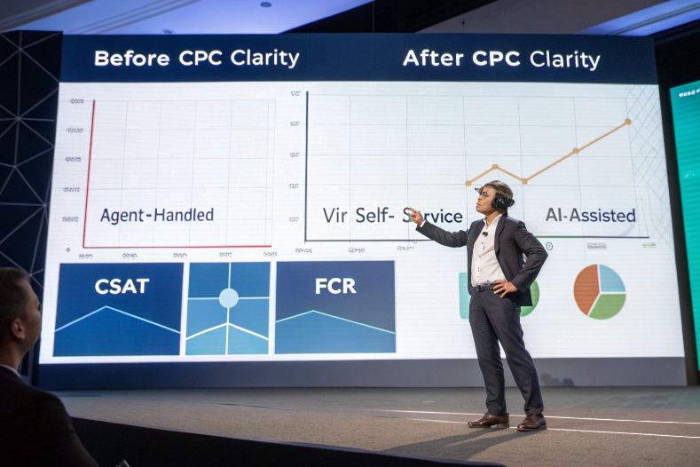 Speaker presenting before and after CPC clarity KPIs for AI assisted customer service