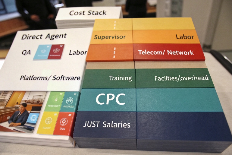 Color blocks illustrating contact center CPC cost stack including labor telecom training and overhead