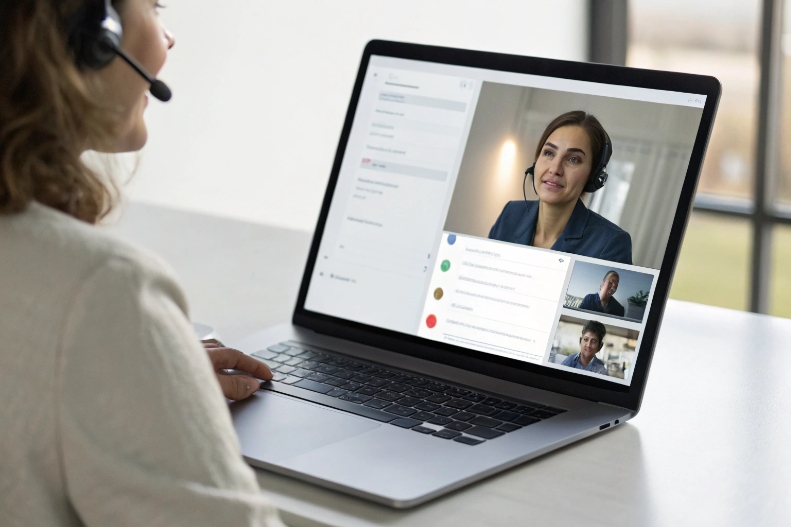 Support agent on laptop joining remote SIP video meeting with multiple colleagues