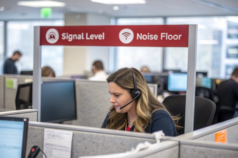 Call center agent under signal level and noise floor banner ensuring clear audio quality