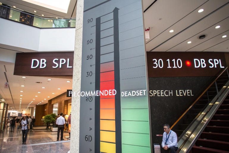 Large dB SPL sound level scale display in busy lobby environment