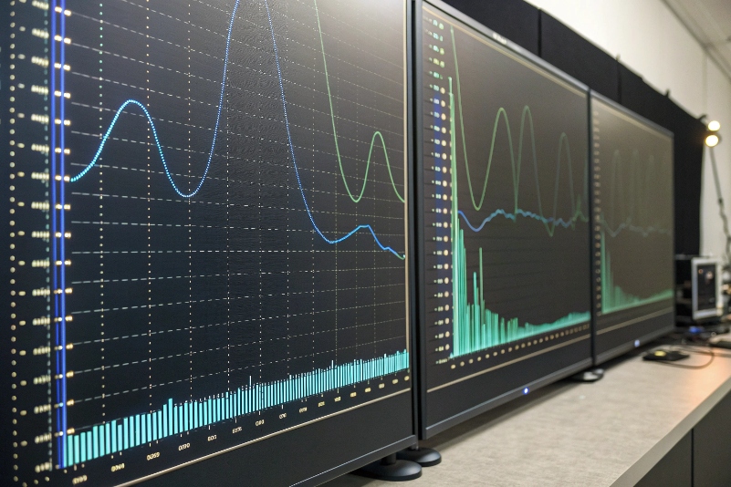 Multiple large monitors displaying audio spectrum analysis and acoustic performance graphs