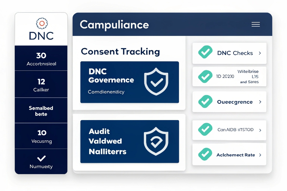 DNC compliance dashboard UI with consent tracking governance audit and verification status cards