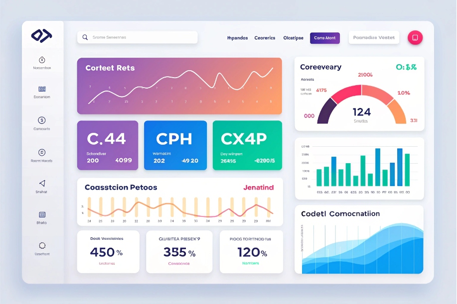 Colorful analytics dashboard interface with KPIs charts and call center performance metrics