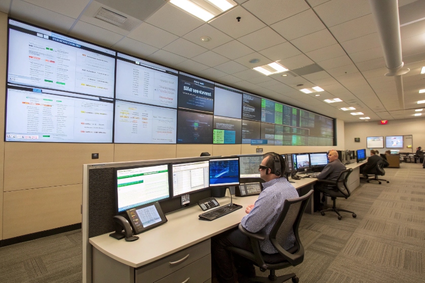Network operations room with multiple agents at workstations viewing long wall of monitoring screens