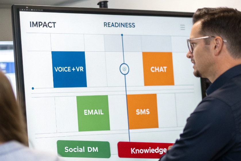 Consultant presenting an impact vs readiness quadrant comparing channels like voice, chat, email, SMS, social, and knowledge
