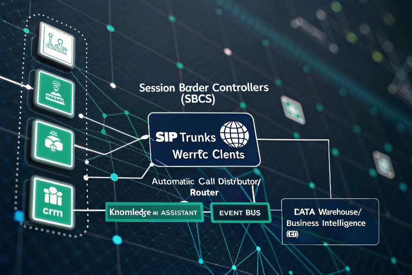 SIP trunking architecture diagram connecting SBCs, CRM, assistants, and data warehouse over a digital network
