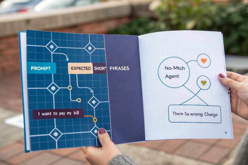 Open booklet showing a customer prompt ‘I want to pay my bill’ flowing through a grid labeled Prompt → Expected Short Phrases, and a diagram of misrouted intents leading to an agent for a wrong charge