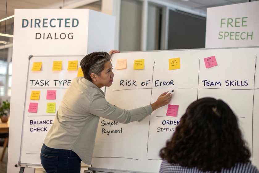 Facilitator writing on a whiteboard labeled Task Type, Risk of Error, and Team Skills, with large signs behind reading DIRECTED DIALOG and FREE SPEECH