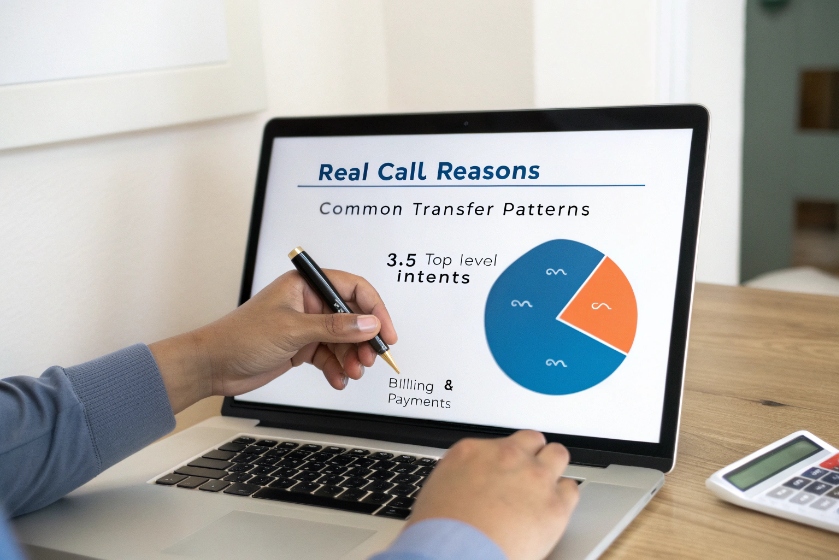 Person pointing a pen at a laptop screen that shows a slide titled ‘Real Call Reasons – Common Transfer Patterns’ with a pie chart and a label for Billing & Payments