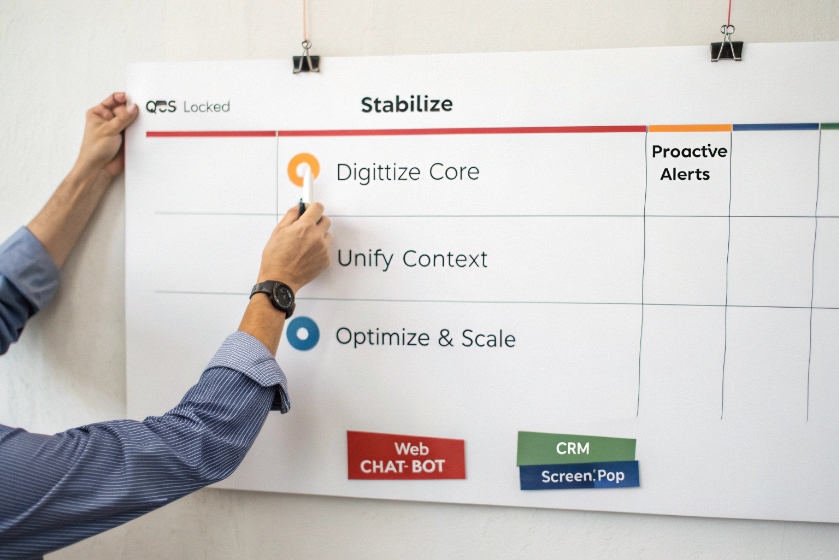 Presenter gesturing to a roadmap poster titled ‘Stabilize’ with steps Digitize Core, Unify Context, Optimize & Scale, plus blocks for Web Chat-Bot, CRM Screen-Pop, and Proactive Alerts