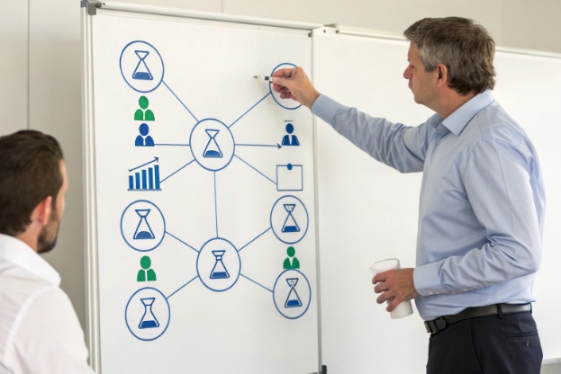 Manager explaining contact center workload and wait time distribution on whiteboard