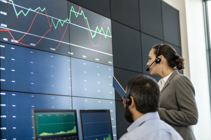 Supervisors tracking live call center performance charts on video wall