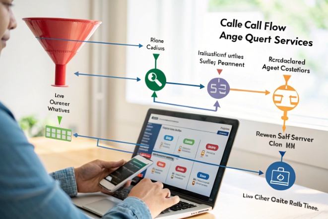 Customer service manager configuring omnichannel call flow on laptop and smartphone