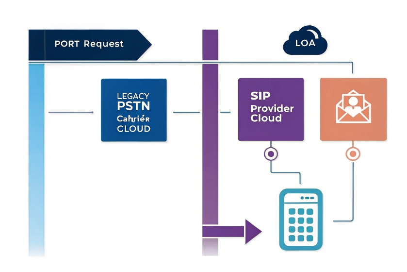Diagram showing number porting from legacy PSTN carrier to SIP provider cloud