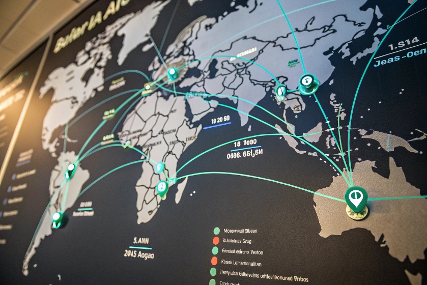 Global SIP communication network map connecting international offices and emergency phone deployments