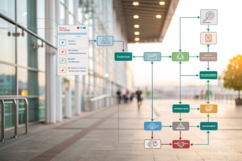 Business process flowchart with office backdrop