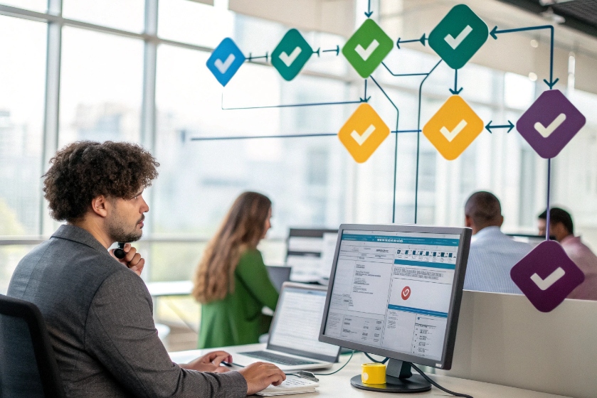 Employee working with visual workflow on screen