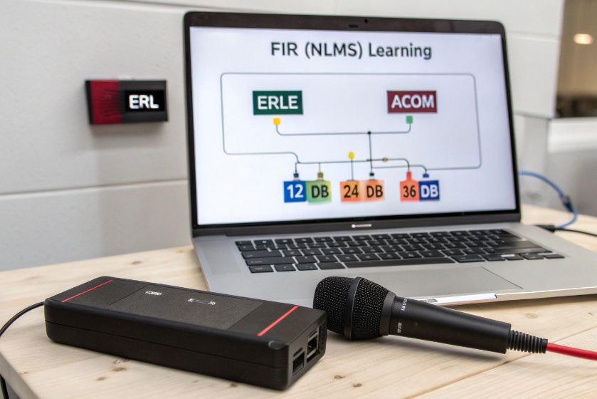 FIR learning for acoustic echo with microphone and laptop