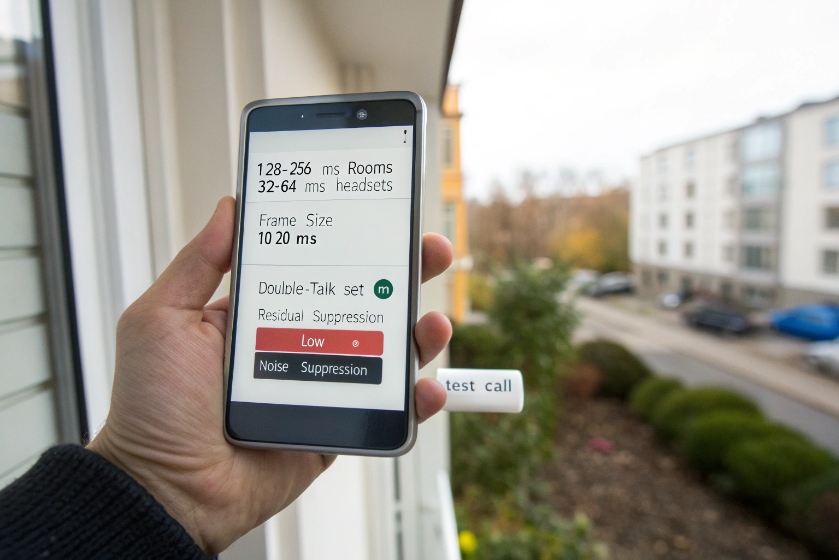 Mobile phone showing echo settings and test call