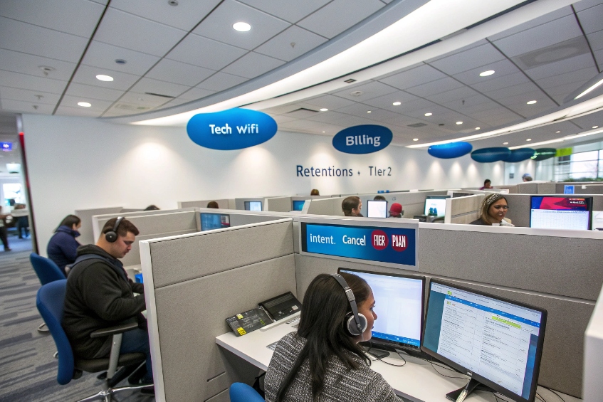 Modern contact center floor with agents handling tech support and billing inquiries